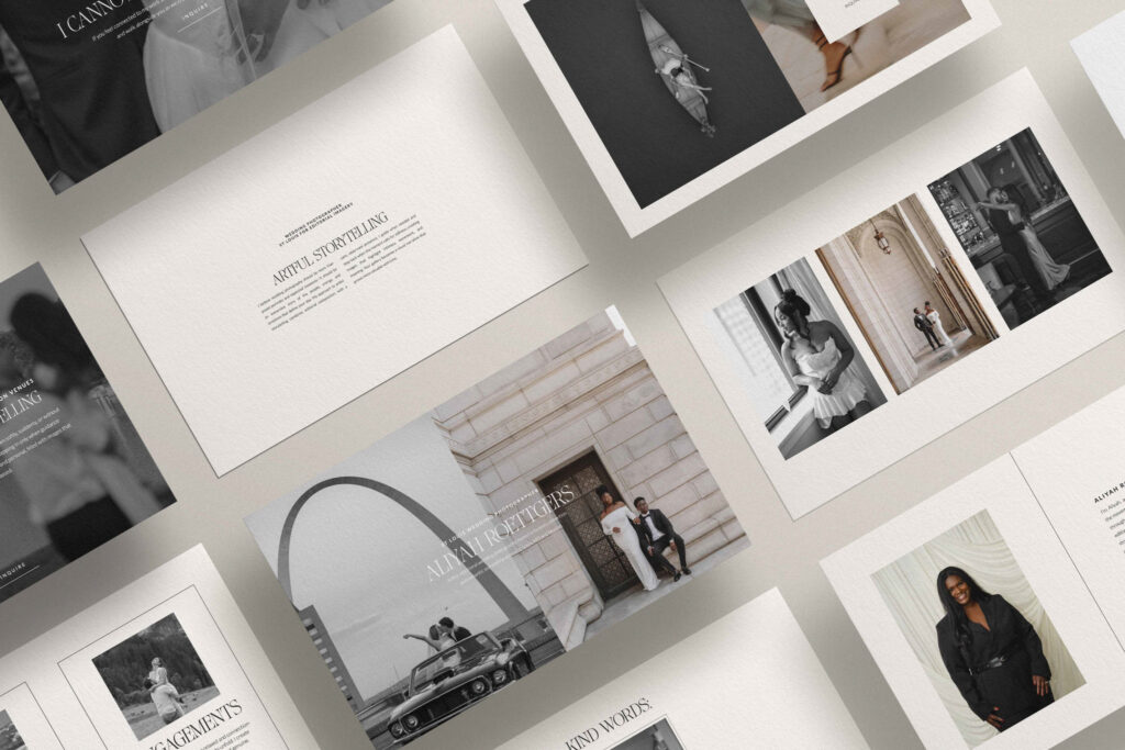 Editorial flat lay of a luxury photography website design displayed across overlapping printed page layouts, featuring wedding imagery, refined typography, and portfolio details for a sophisticated Photography Website Template for Showit.