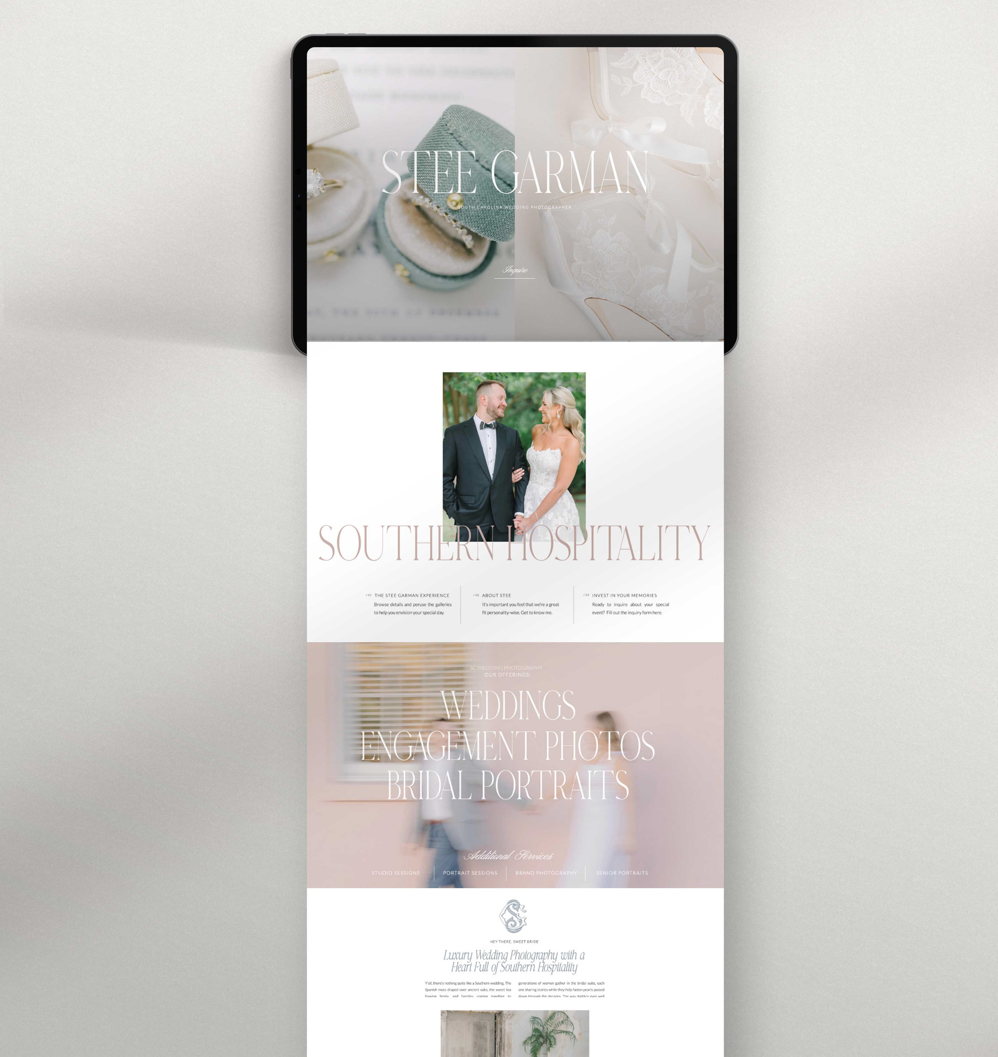 Desktop and tablet mockups showcase the Stee Garman Photography website with soft wedding imagery, spacious editorial layouts, service offerings, and romantic typography, demonstrating an elevated Showit photography website template for wedding photographers.