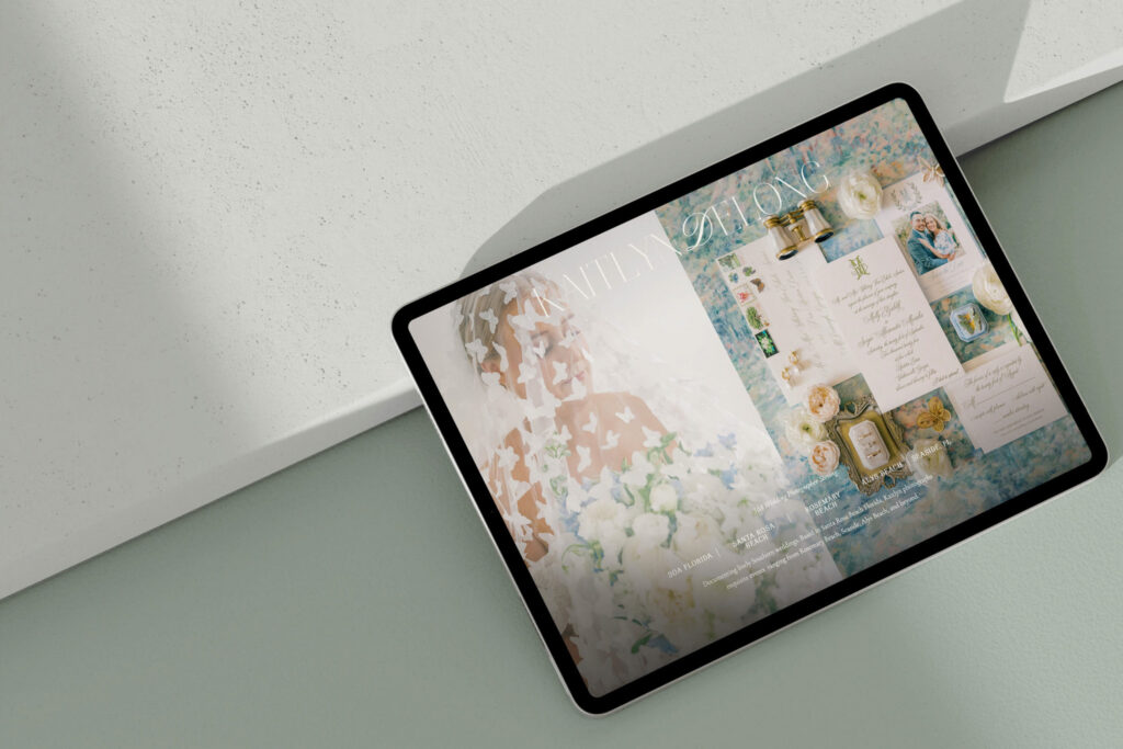 Tablet mockup displaying a luxury wedding photography website with soft floral imagery, invitation details, and an editorial wedding gallery, designed as an elevated Photography Website Template for Showit.