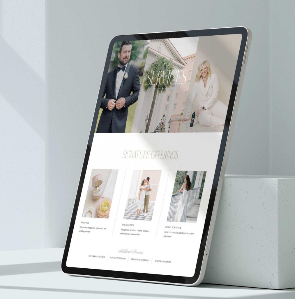 Angled tablet displaying a wedding photographer&rsquo;s services page with weddings, engagements, and bridal portraits presented through refined imagery and minimalist layouts, showcasing a luxury Showit website template for photographers.