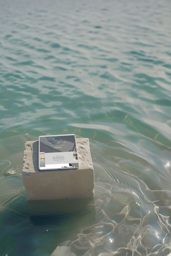 Showit Website Design | High Tide Strategy Full Service Marketing Agency | A small block with an open compact mirror rests on calm blue water, reflecting the sky. The serene setting evokes a sense of tranquility and elegance.