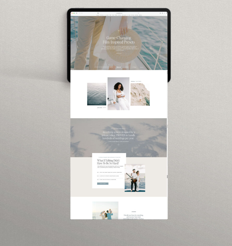 Showit Website Designer | High Tide Strategy Full Service Marketing Agency | This image features a tablet displaying a webpage for "Game-Changing Film-Inspired Presets." It shows a couple on a boat, ocean images, and text about easy photo editing, suggesting elegance and relaxation.