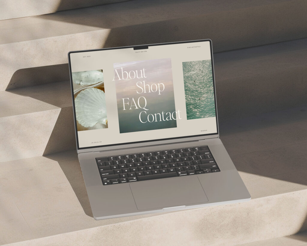 SEO for Website Design | High Tide Strategy Full Service Marketing Agency | A sleek laptop sits on sunlit steps, displaying a simple webpage with text "About," "Shop," "FAQ," "Contact." Warm, natural tones convey calm.