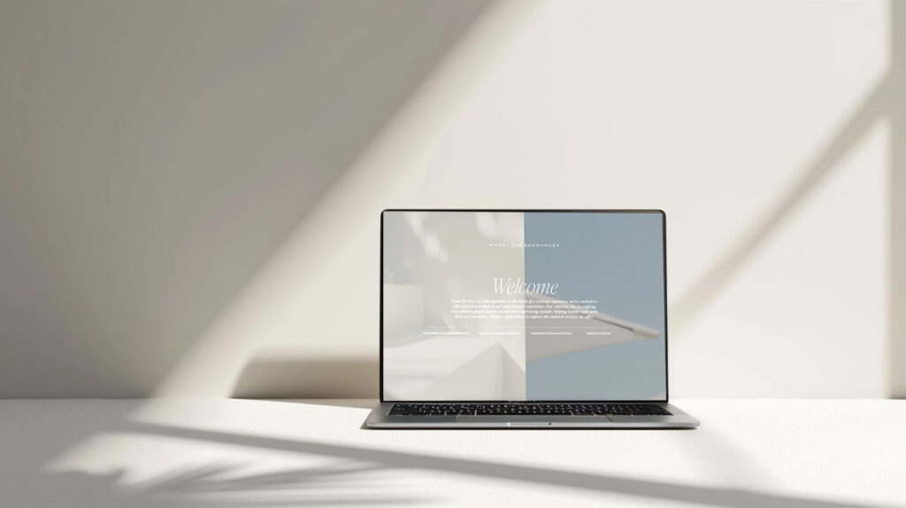 Showit Website Designers | High Tide Strategy Full Service Marketing Agency | A laptop sits on a white surface with soft natural light and shadows. The screen displays an elegant "Welcome" message, creating a minimalistic and calming ambiance.