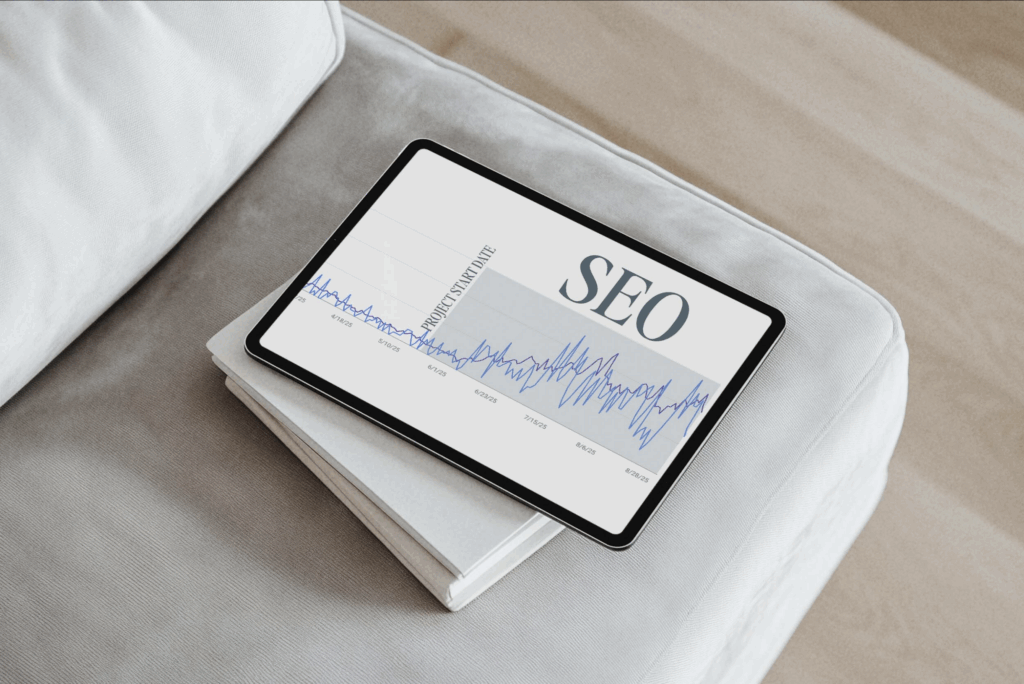 SEO Services for Wedding Photographers | High Tide Strategy Full Service Marketing Agency | Tablet on a white couch shows an SEO graph with fluctuating blue lines, symbolizing online trends. A sleek, modern, and professional vibe.