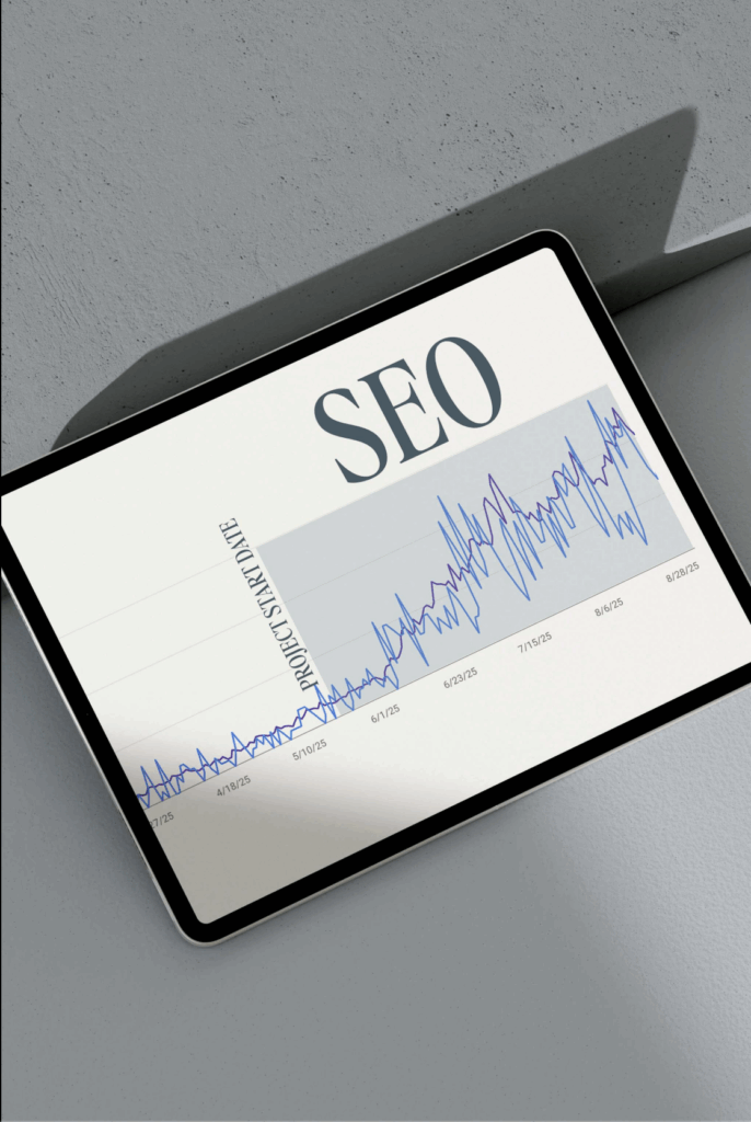 SEO Services for Photographers | High Tide Strategy Full Service Marketing Agency | Tablet displaying an SEO graph with fluctuating blue lines indicating data trends over time. The word "SEO" is prominently shown at the top.