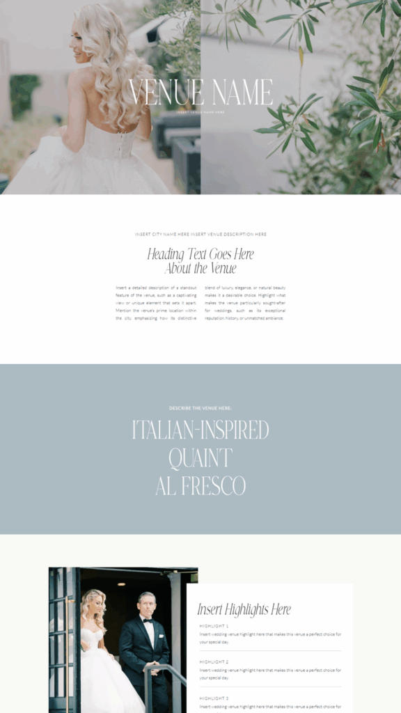 Showit Templates for Wedding Photographers | High Tide Strategy Full Service Marketing Agency | Bride in white dress with long, curly hair stands outdoors. Text over greenery reads "Venue Name." Below, a couple exits a building, highlighting an Italian-inspired venue theme.