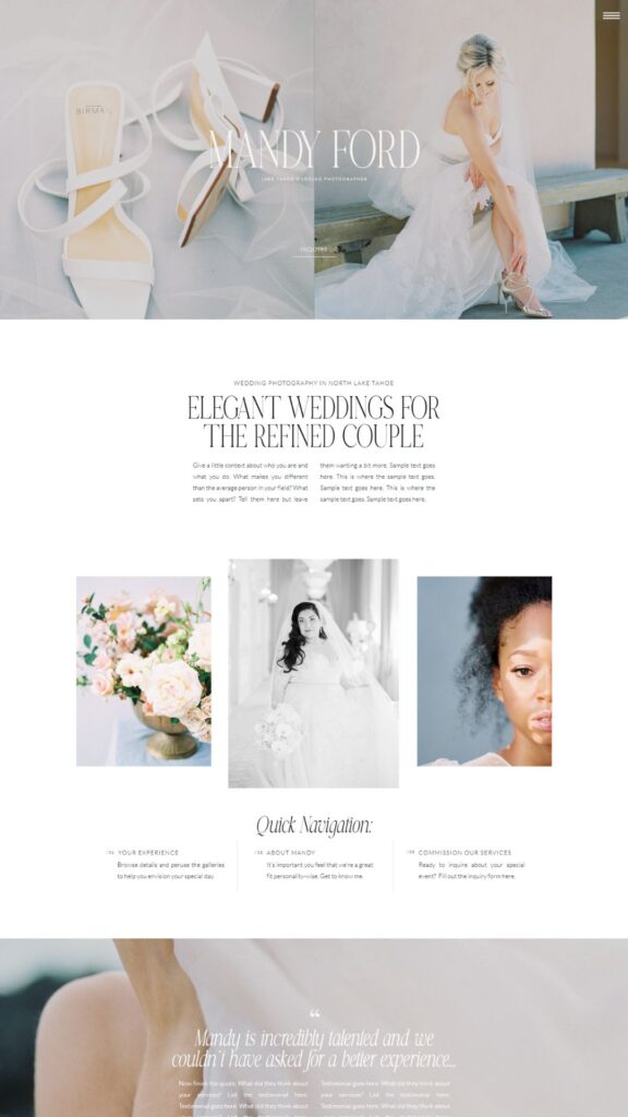 Showit Website for Photographers | High Tide Strategy Full Service Marketing Agency | Elegant wedding website homepage featuring bridal shoes, a bride in a gown, floral arrangements, and serene portraits, conveying a refined and romantic tone.