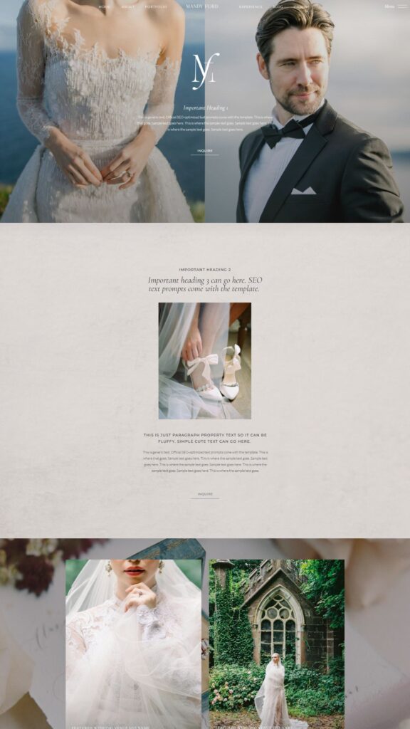 Showit Website Designers | High Tide Strategy Full Service Marketing Agency | A bride and groom stand outdoors, the bride in a textured gown and the groom in a tuxedo. Below, close-ups of wedding shoes and a bride near greenery. Elegant and romantic tone.