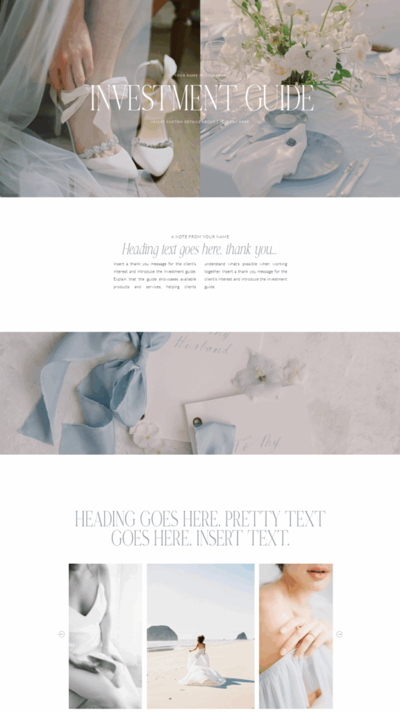 Showit Templates for Creatives | High Tide Strategy Full Service Marketing Agency | A delicate wedding-themed layout featuring elegant shoes, a stylish tablescape, an invitation with a blue ribbon, and serene beach photos exuding romance.