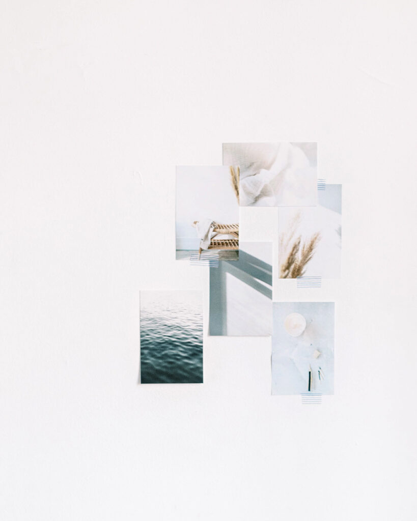 SEO for Fine Art Photographers | High Tide Strategy Full Service Marketing Agency | Collage of serene, pastel-toned photos on a white wall. Images include nature scenes, water, and soft textures, creating a calm, minimalist feel.