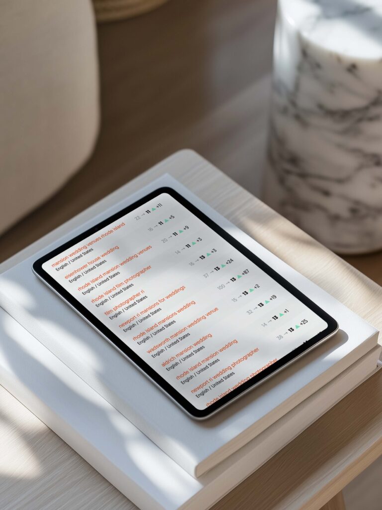SEO Services for Photographers | High Tide Strategy Full Service Marketing Agency | A tablet displaying a search rankings list rests on stacked books, surrounded by soft sunlight. The setting feels serene and organized. Keywords: tablet, search rankings, sunlight, books.
