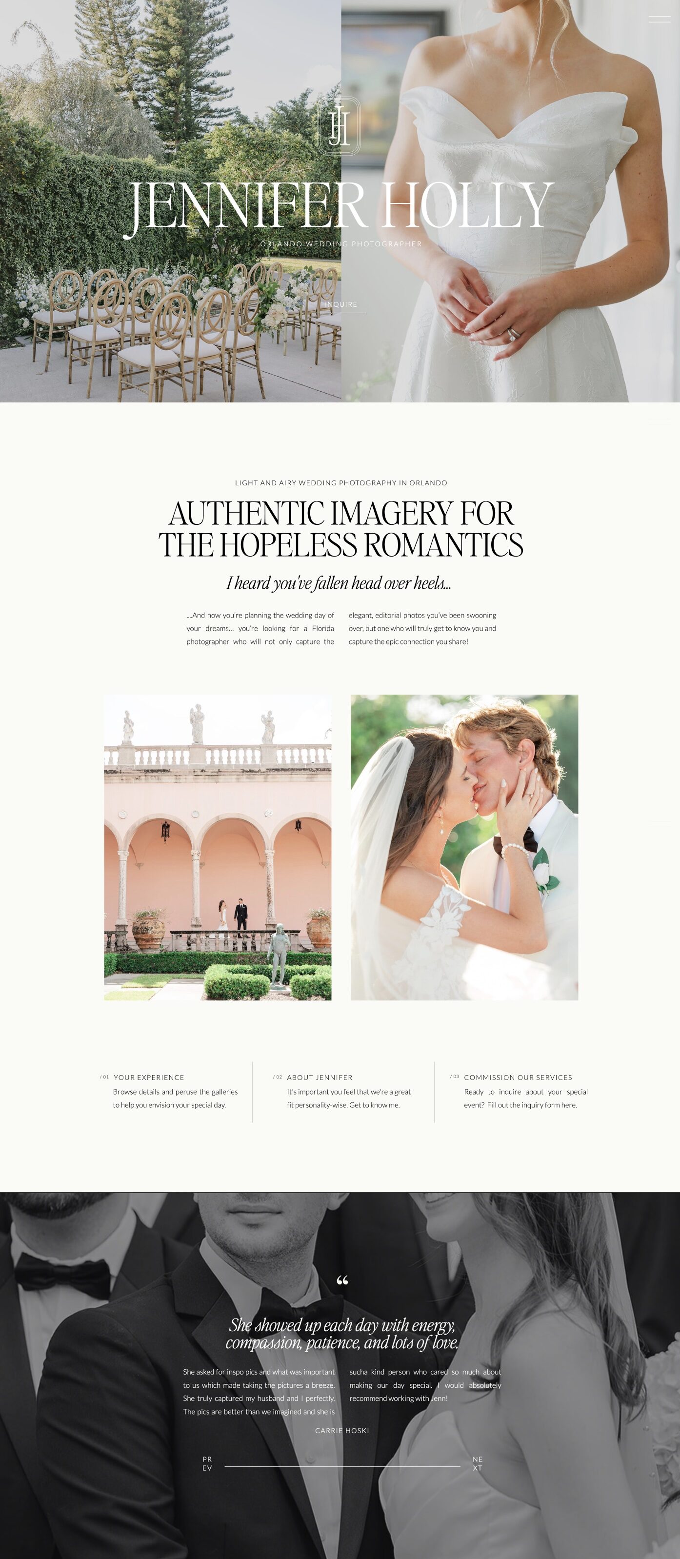 Showit Website Templates for Photographers | High Tide Strategy Full Service Marketing Agency | A bride in a white dress stands outdoors next to a set wedding scene. Below, romantic wedding imagery includes a couple embracing and an elegant venue. Text highlights "Authentic imagery for the hopeless romantics." The tone is elegant and romantic.