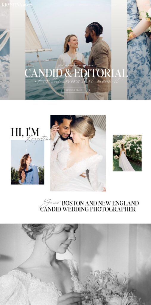 Photography Website Template Showit | High Tide Strategy Full Service Marketing Agency | Collage of wedding photography featuring romantic couples, a bride in a flowing gown, and text promoting Boston and New England candid wedding photography.