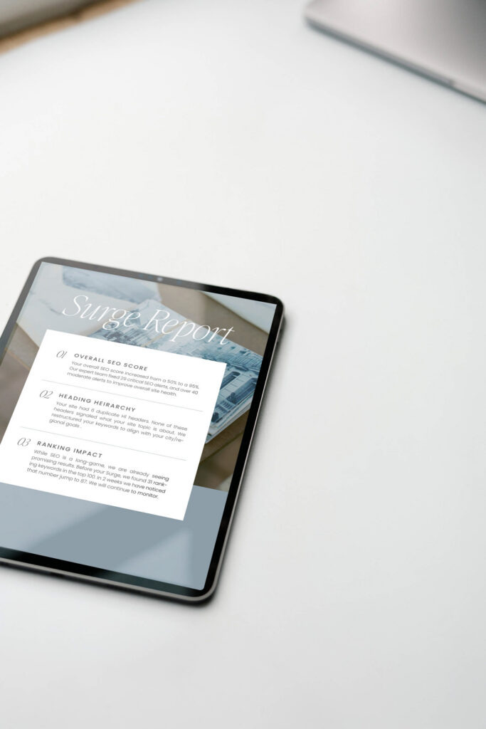 Tablet displaying a detailed SEO Surge Report with site health, heading hierarchy, and ranking insights for local SEO for wedding photographers.