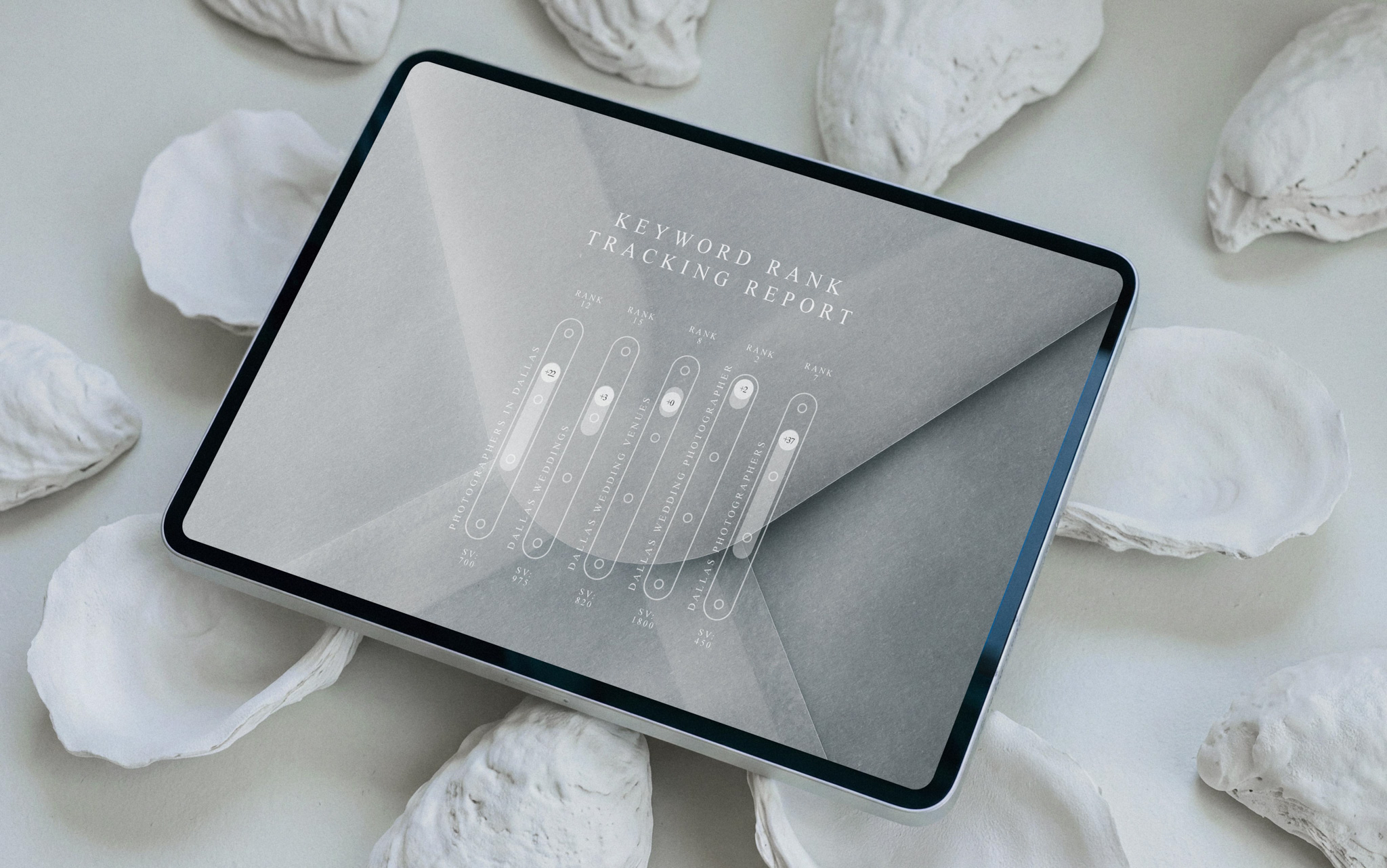 ipad sitting on a bed of oyster shells showcasing SEO data for photographers by Mandy Ford High Tide Strategy