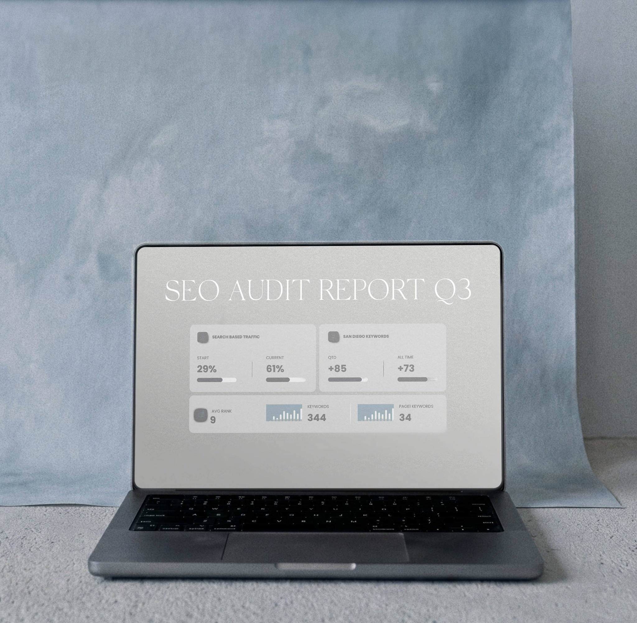 seo for photographers by Mandy Ford | a laptop shows an SEO report for photographers with a blue gray background