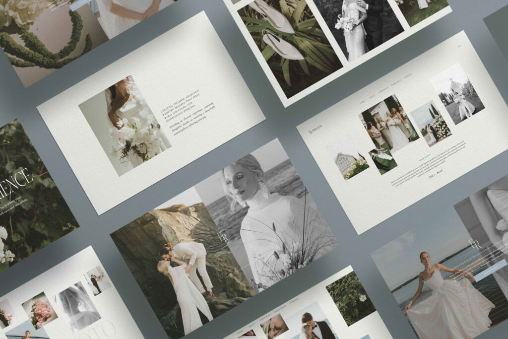 Editorial collage of wedding photography website pages featuring bridal portraits, florals, couples, and refined gallery layouts from a high converting Showit website design for photographers.