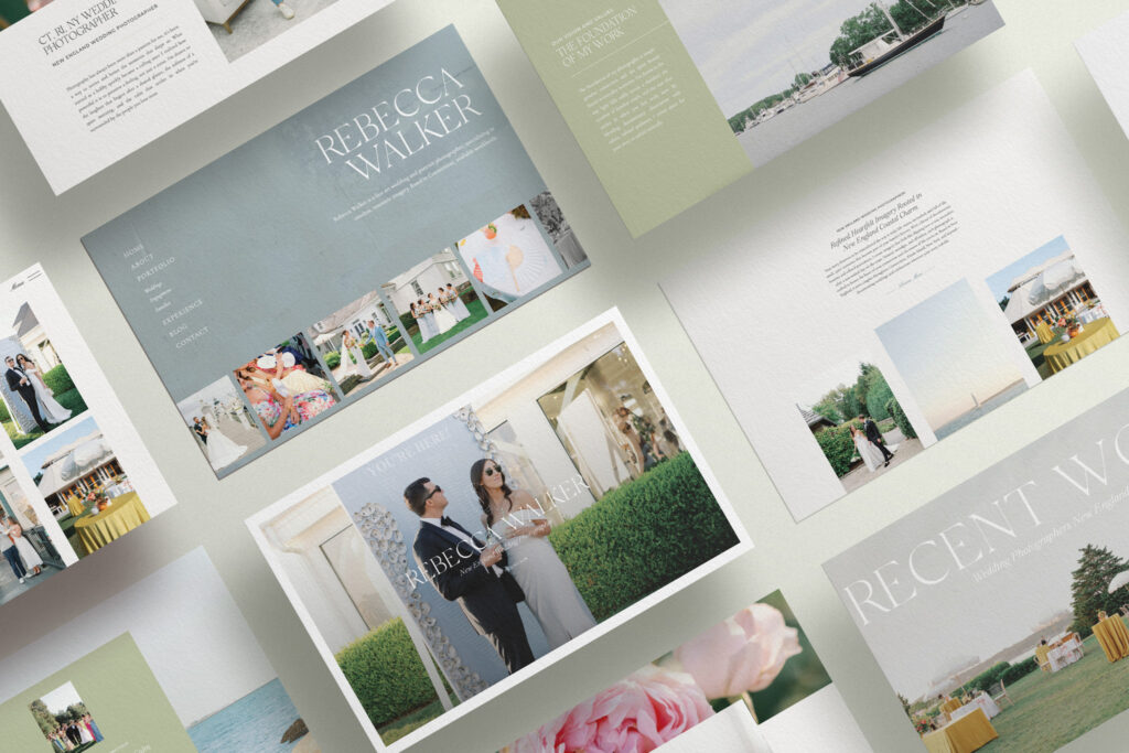 An overhead collage of a wedding photographer’s website design featuring soft blue and sage layouts, portfolio galleries, editorial typography, waterfront wedding imagery, portraits, and floral details.
Alt text: Refined wedding photography website with soft blue and sage layouts, editorial galleries, and coastal wedding imagery, showcasing a high converting Showit website design for photographers.