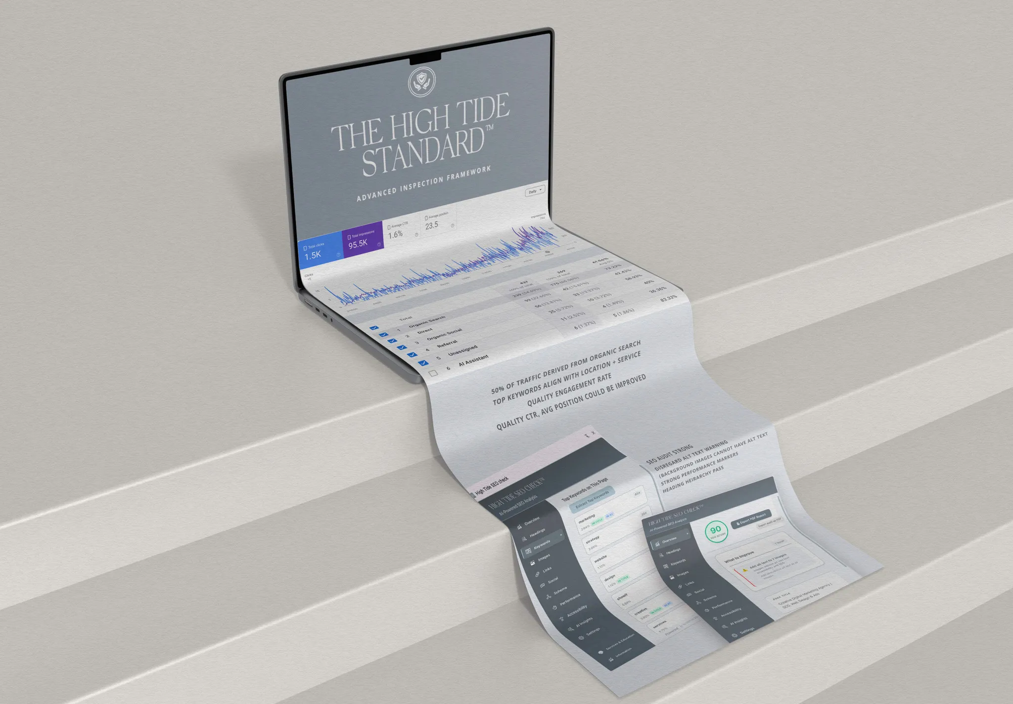 A Macbook with an SEO Audit spilling off the screen. Showcasing the in-depth power of SEO for Photographers that High Tide Strategy and Mandy Ford provide.