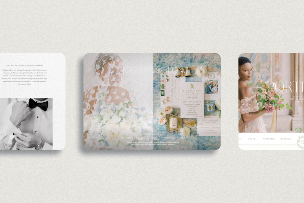 Beautiful wedding photography is displayed on an open album showcasing showit website design by High Tide Strategy