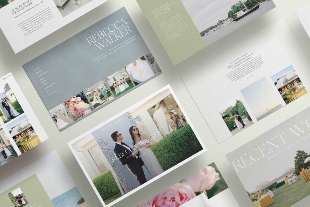 Beautiful pictures laid out on a table showcasing beautiful wedding photography curated by High Tide Strategy