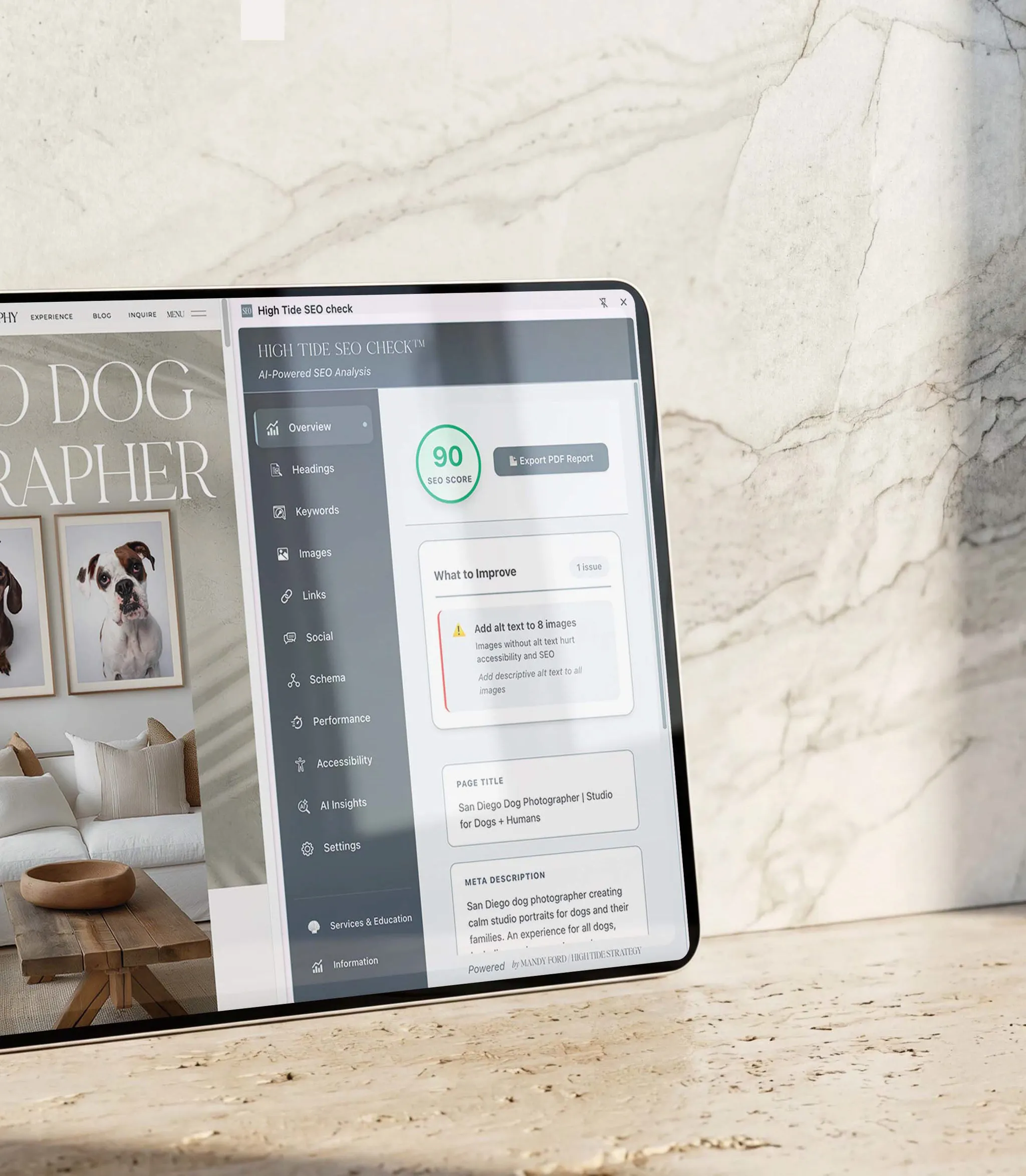Tablet displaying a website analytics dashboard with SEO metrics
