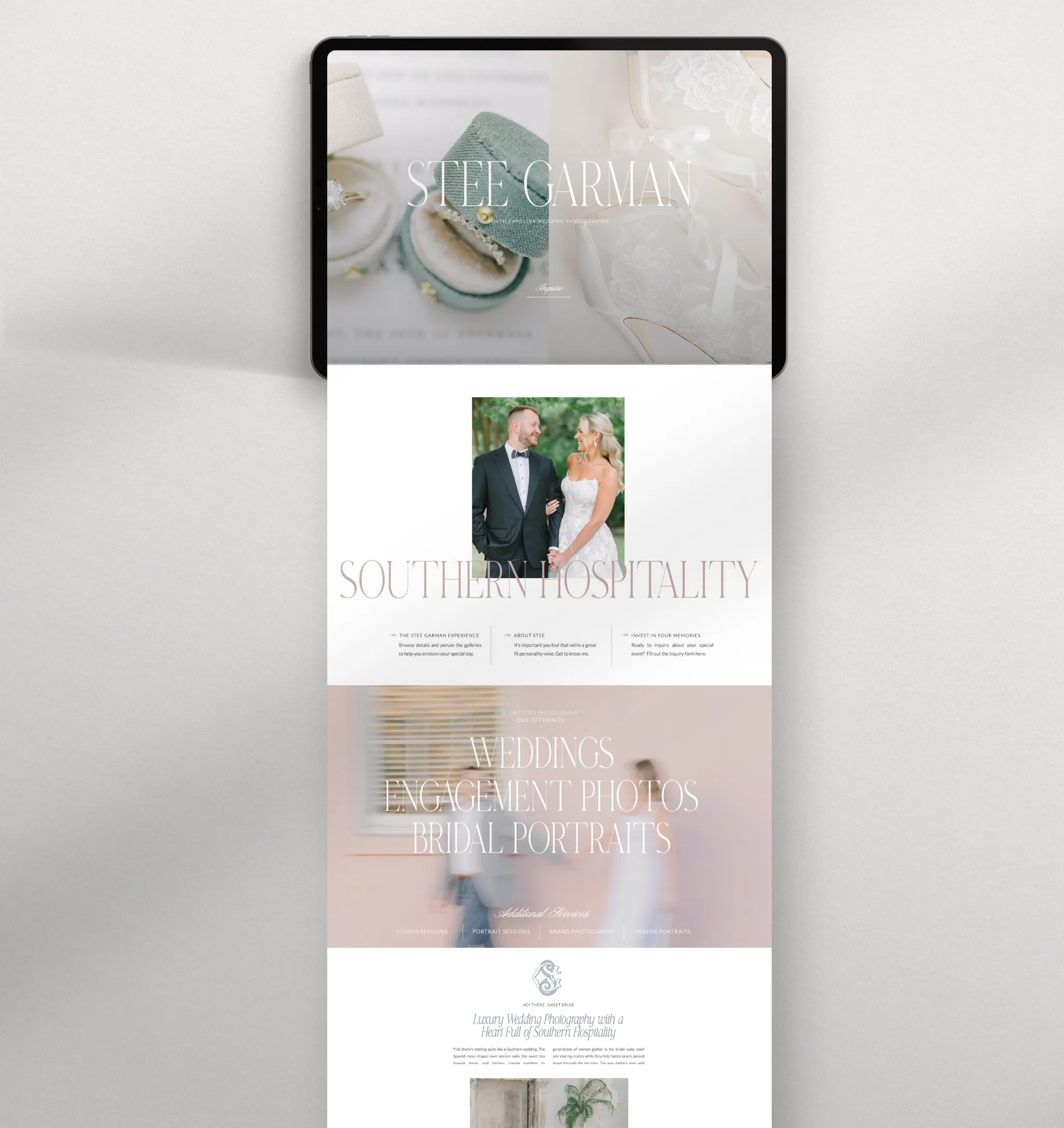 Wedding photography website layout featuring elegant design, couple portrait, and service offerings